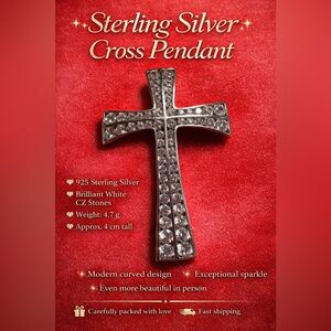 Sterling Silver 925 Cross Pendant With White CZ Stones Modern Curved Design